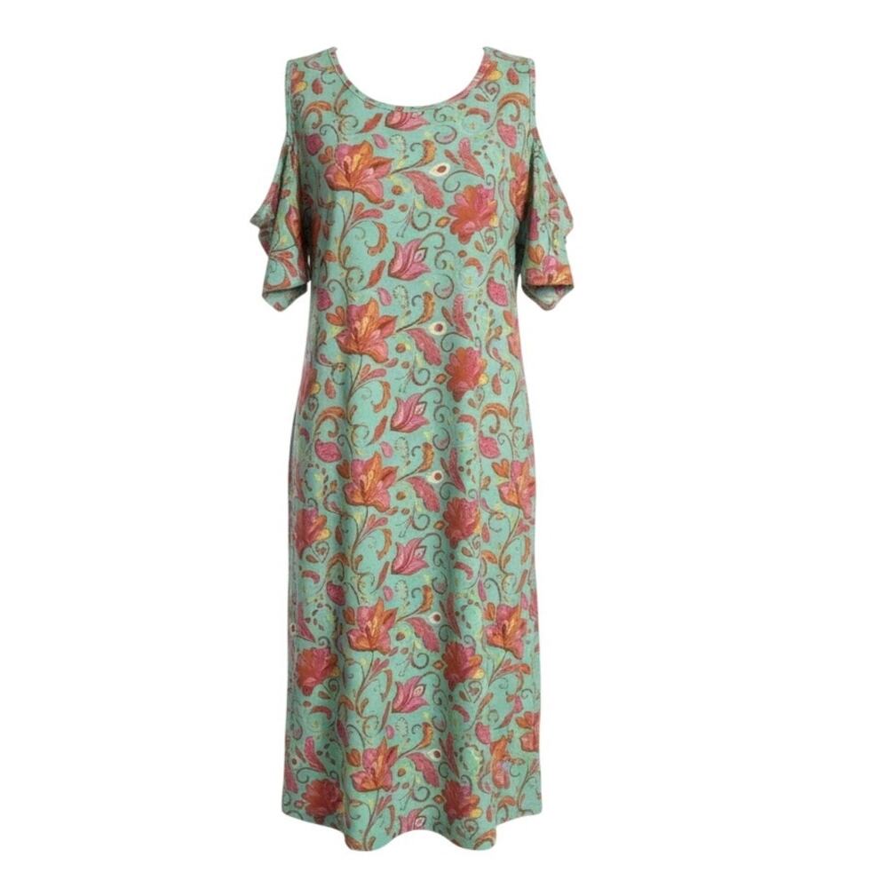 Mountain Mamas Floral Paisley Cold Shoulder Midi Dress Teal Pink Size 3XL
